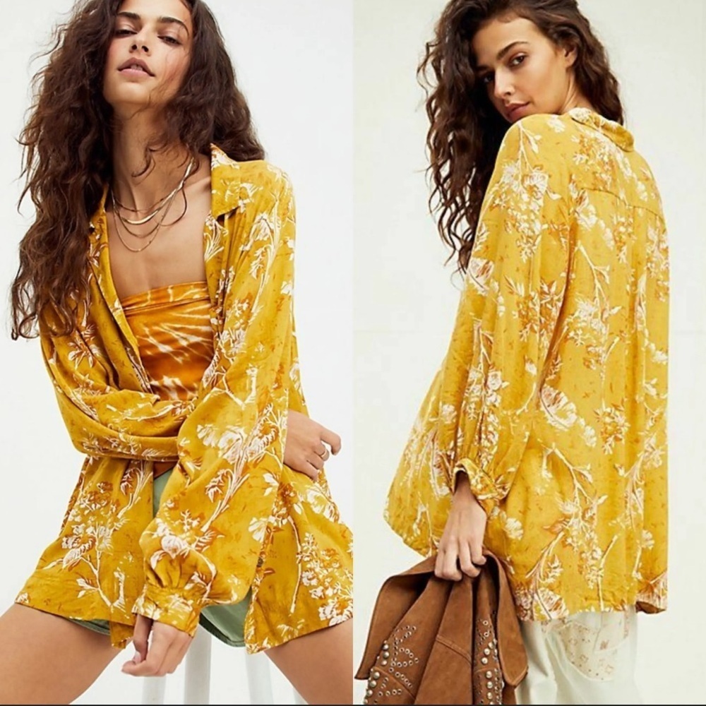 FREE PEOPLE It's A Vibe" Yellow Lagenlook Long Sleeve Shirt- Oversized